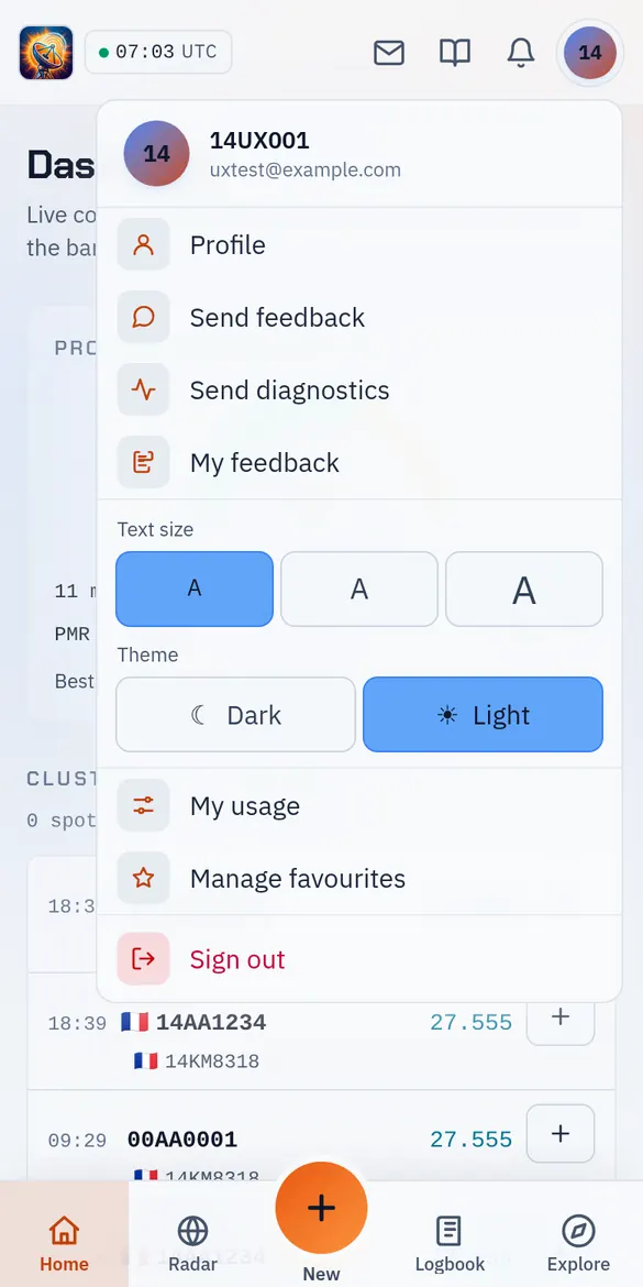 Menu del profilo con dimensione del testo e tema