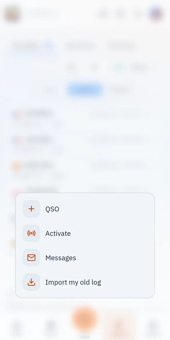 Menu del pulsante + con QSO, Attiva, Messaggi, Importa