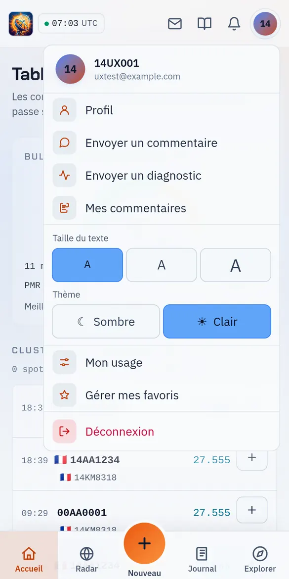 Menu du profil avec la taille du texte et le thème